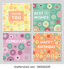 Set of funny greeting cards with abstract geometrical shapes. Universal congratulation with birthday, anniversary, wedding, thank you card.