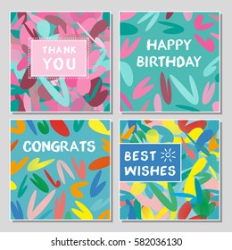 Set of funny greeting cards with abstract geometrical shapes. Universal congratulation with birthday, anniversary, wedding, thank you card.