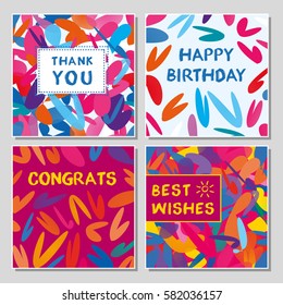 Set of funny greeting cards with abstract geometrical shapes. Universal congratulation with birthday, anniversary, wedding, thank you card.