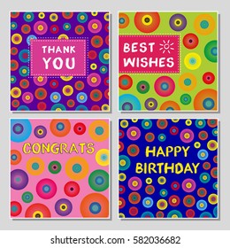 Set of funny greeting cards with abstract geometrical shapes. Universal congratulation with birthday, anniversary, wedding, thank you card.