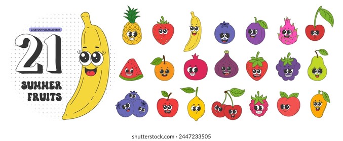 Set of funny groovy fruit characters. pineapple, strawberry, banana, blueberry, plum cherry, watermelon, apricot, pomegranate, fig, blueberry, pear, apple, lemon, raspberry, peach, mango. Vector illus