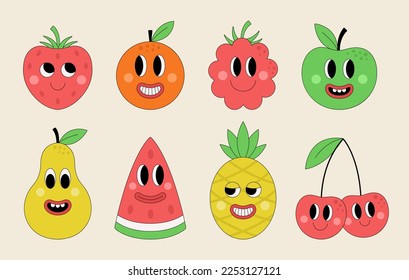 Set of funny groovy fruits. Cute simple character faces. Hippie stickers in trendy retro style. Vector illustration