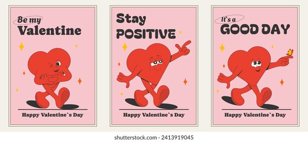 set of funny groovy posters, prints, stickers with cartoon hearts and motivational quotes for Valentine's day.Vector illustration in retro style of the 60s-70s