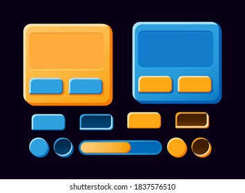 Set of funny gui board, pop up, buttons for game ui asset elements vector illustration