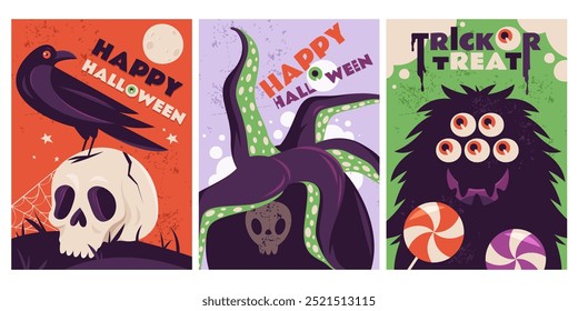 Conjunto de divertidos Anuncios o volantes de Halloween. Ilustraciones vectoriales. Diseño plano. Tarjetas de felicitación de la Vertical para la invitación de vacaciones. Cuervo y cráneo, monstruo multiocular, tentáculos de pulpo. Truco o trato.