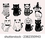 Set of funny halloween cat. Collection of kittens in costumes vampire costume, mummy animal, witch cat, kitty on pumpkin. Ghost pet. Holidays monster. Vector illustration of happy halloween animal.