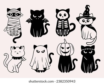 Set of funny halloween cat. Collection of kittens in costumes vampire costume, mummy animal, witch cat, kitty on pumpkin. Ghost pet. Holidays monster. Vector illustration of happy halloween animal.