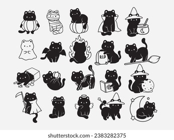 Set of funny halloween cat. Collection of kittens in costumes vampire costume, mummy animal, witch cat, kitty on pumpkin. Ghost pet. Holidays monster. Vector illustration of happy halloween animal.