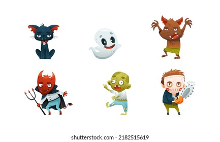 Set of funny Halloween characters. Black cat, devil, ghost, zombie vector illustration