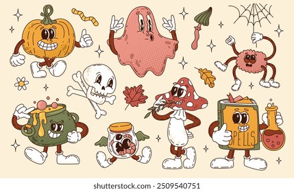 Set of funny halloween characters in cartoon retro groovy style. Skull, ghost and pumpkin with eyes and hands. Decor elements for celebrating All Saints' Day. Vector illustration. Isolated stickers.