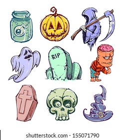 Set of funny halloween characters. Hand-drawn vector illustration.