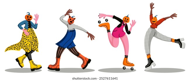 Set of funny Halloween characters with pumpkin head. Scary carnival costumes. Spooky party look