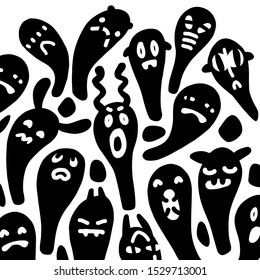 Set of funny halloween ghosts. Vector pattern with cute black monsters characters isolated on white background, Childish crazy illustration. Template for cards and party posters.