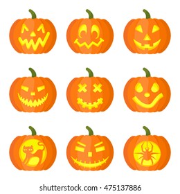Set of funny Halloween pumpkins icons for web. flat vector illustration isolate on a white background