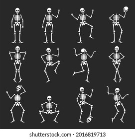 Set of funny halloween skeleton in different poses vector flat illustration. Collection cute creepy characters with skull and bones dancing, jumping, squatting and playing. Scary creature with joints