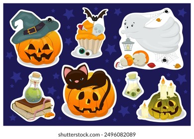 Set of funny Halloween stickers. Stickers, icons. Set of Halloween stickers. Pumpkin, hat, potion and book, spider web, ghost, candles for kids