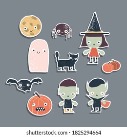 Set of funny Halloween stickers. Kids holiday graphic. Vector hand drawn illustration.