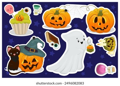 Set of funny Halloween stickers. Pumpkin in a hat and a black cat, potion and candles, ghost and cake, book and eyes. Stickers, icons. Set of Halloween stickers for kids