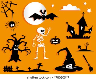 Set of funny halloween symbol. Pumpkin, bat, scary tree, spider, web, crosses, witch hat, broom, skeleton, castle, moon, stars isolated on orange background. Vector in flat style or baby applique