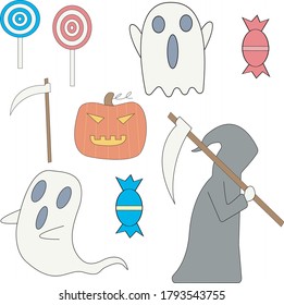 set of funny hallowen symbols.pumpkin.ghost.grim reaper