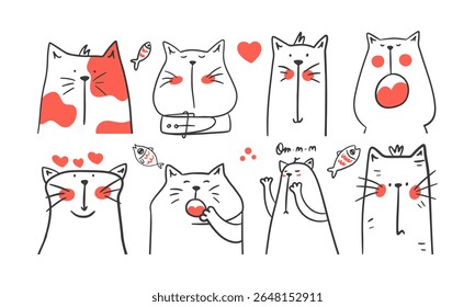 Set of funny hand draw cat faces  with different emotions. Clipart doodle collection with pets.