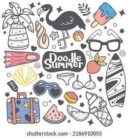 Conjunto de divertidos antecedentes de verano  , Antecedentes dibujados a mano con materiales de verano y elementos creativos. Ilustración vectorial.