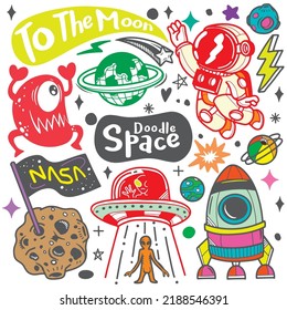 Set of funny Space background  ,Hand drawn background with Space supplies and creative elements. Vector illustration.