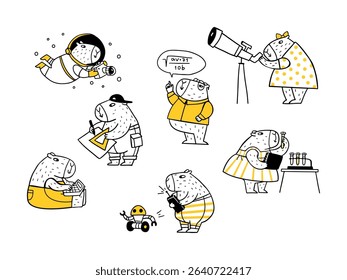 Set of funny hand drawn capybaras that study science, technology, mathematics, robotics. Vector illustration of capybara and STEM education.