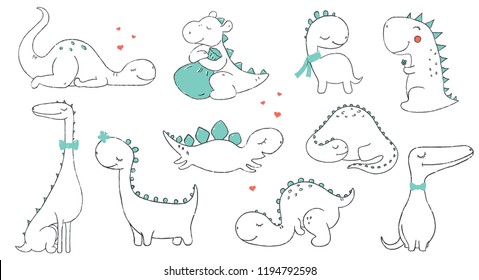 Set Of Funny Hand Drawn Dinosaurs.