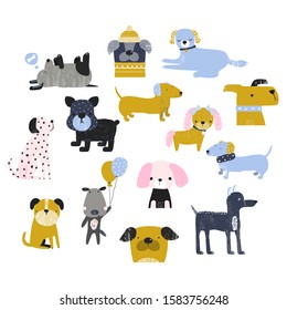 Set of funny hand drawn dogs. Childish trendy graphic. Vector illustration.
