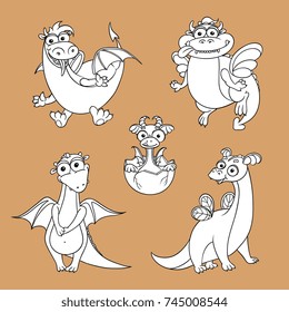 Set of funny hand drawn dragon characters, cartoon vector illustration isolated on background. Cute and funny hand drawn comic, cartoon style dragon characters, little and adult