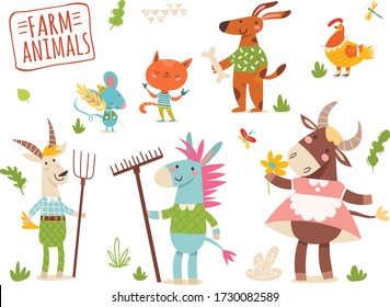 Set of funny hand drawn farm animals. Great for your design ideas, cards, posters and kids room decoration. 