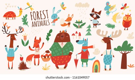 Set of funny hand drawn forest animals. Great for your design ideas, cards, posters and kids room decoration. 