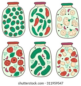 set of funny hand drawn jars full of different pickles: tomato, cucumber, mushroom, olive, pattypan squash and jalapeno pepper