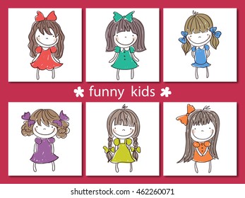 set of funny hand drawn kids on background