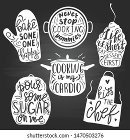 Set of funny hand drawn kitchen and cooking quotes. Restaurant or home poster template