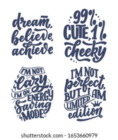 Set with funny hand drawn lettering compositions. Cool phrases for print and poster design. Inspirational feminism slogans. Girl power quotes. Greeting card template. Vector illustration