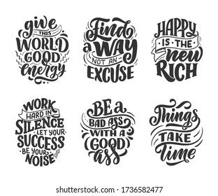 Set with funny hand drawn lettering compositions. Cool phrases for print and poster design. Inspirational feminism slogans. Girl power quotes. Greeting card template. Vector illustration