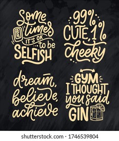 Set with funny hand drawn lettering compositions. Cool phrases for print and poster design. Inspirational feminism slogans. Girl power quotes. Greeting card template. Vector illustration