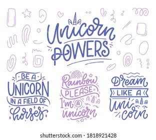 Set with funny hand drawn lettering quotes about unicorn. Cool phrases for print and poster design. Inspirational kids slogans. Greeting card template. Vector illustration