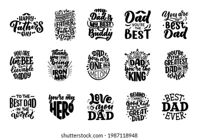 Set with funny hand drawn lettering quotes for Father's day greeting card. Typography posters. Cool phrases for t shirt print. Inspirational slogans. Vector illustration.