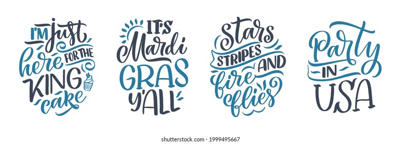 Set with funny hand drawn lettering quotes about Mardi Gras. Cool phrases for print and poster design. Inspirational slogans. Vector