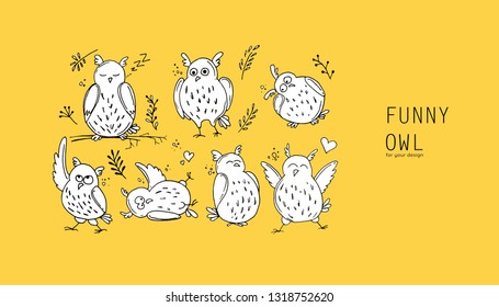 Set of funny hand drawn owls in minimal style for printing or design. 