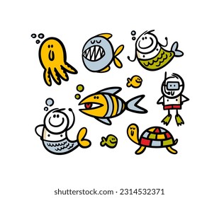 Set of funny hand drawn underwater creatures swimming in the sea. Vector illustration of wildlife animals, fish and people. Cartoon collection of stickman  isolated on white background.