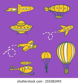 Set of funny hand drawn vector aircrafts.
