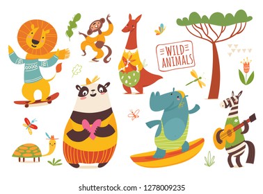 Set of funny hand drawn wild animals. Great for your design ideas, cards, posters and kids room decoration. 