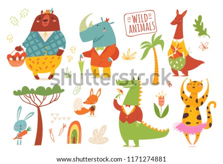 Set of funny hand drawn wild animals. Great for your design ideas, cards, posters and kids room decoration. 