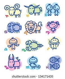 set of funny hand drawn zodiac signs