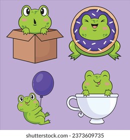 set funny handdrawn cartoon frogs with donut box cup balloon vector design illustration