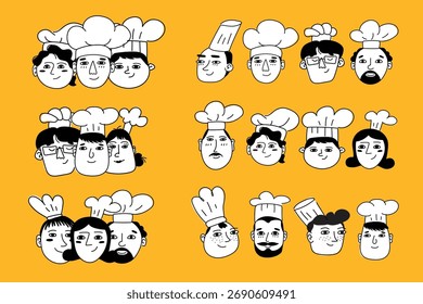 Conjunto de caras de chef dibujadas a mano divertidas en arte lineal minimalista. Ideal para logotipos de cafeterías, iconos de menú o marca de redes sociales de restaurantes.
